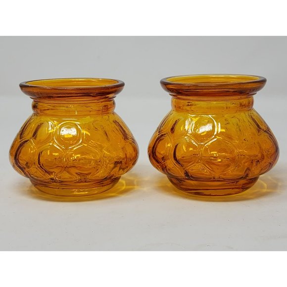 Set Of 2 Vintage Thumbprint Orange Round Glass Votive Candle Holders/Jars - Picture 3 of 10